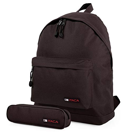 ITACA - Mochila Casual Juvenil Hombre Multifuncional + Estuche Portatodo de Poliéster. Cómoda Resistente Ligera y Acolchada par Uso Diario, Universidad. 25332, Color Marron