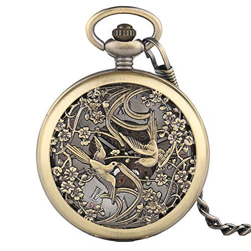 J-Love Bronce Retro Hollow Magpie Design Reloj de Bolsillo mecánico Fob Números Romanos Dial con Cadena Mejor Regalo Unisex Niños