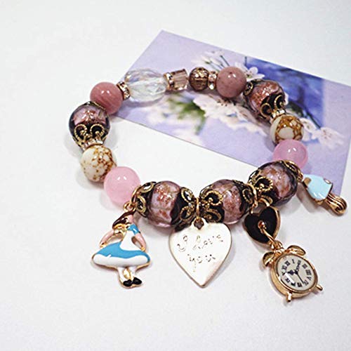 JIACUO Pulsera de gres Azul Riqueza Natural Feng Shui Lapis Lazuli Corazón/Reloj/Pequeña Princesa Pulsera Colgante Amuleto Rosa Retro Chino