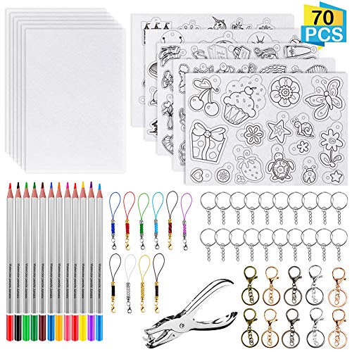 Juego de 70 hojas de plástico termoretráctiles, 12 papeles Shrinky con 5 hojas de papel Shrink Film Blank y 5 Shrinky papel artístico con conexiones, 1 perforadora y 12 lápices.