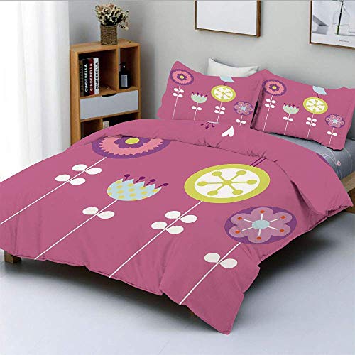 Juego de funda nórdica, pájaros cantando corazones sentados en flor Tulipán Margarita Diente de león Diseño inspirador para bebés Juego de cama decorativo de 3 piezas con 2 fundas de almohada, multico