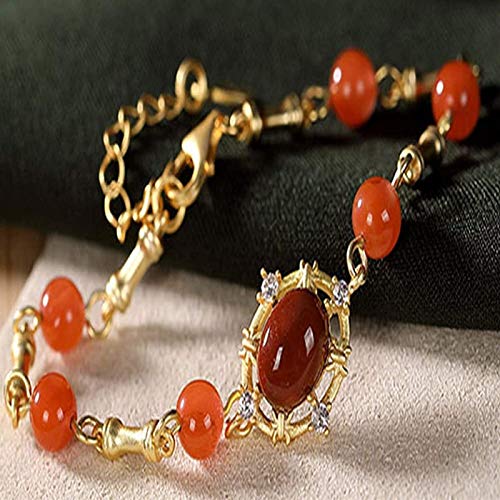 KEEBON S925 Sterling Silver Plated Feng Shui Pulsera Gold Natural Southern Agate Retro Bambú Joyería de Moda Buena Suerte Fortune Peach Blossom Regalo para Las Mujeres se Puede Recoger