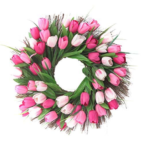 Knowoo Corona de tulipán Artificial, 17.7"Corona de Puerta de Flores Redonda con Hojas Verdes Corona de Primavera para Puerta de Entrada, Boda, Pared, decoración del hogar