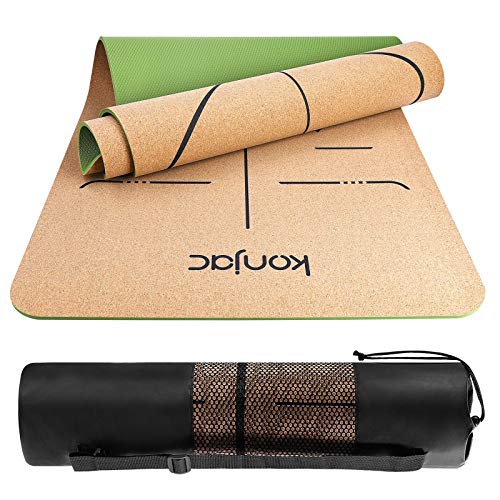 konjac Esterillas Yoga, Esterilla Deporte, Colchoneta Yoga de Corcho, Esterillas Yoga Antideslizante Hecha de Material Natural con Sistema de Línea, Yoga Mat de 183x65cm, 6mm (Verde)