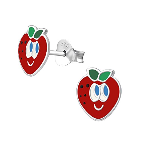 Laimons Pendientes infantiles para niña, diseño de fresa, 9 mm, color rojo y verde, plata de ley 925