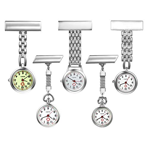 LANCARDO Reloj de Bolsillo Médico Colgante Metal Prendedor Broche Cuarzo Original con Clip Uniforme Paramédico Regalo Gracias Doctor Enfermera Mujer Niña – 5PCS, Plata