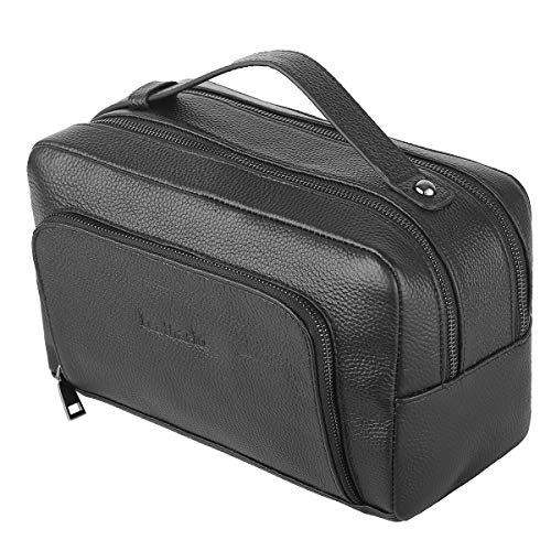 Leathario Bolso de Aseo Viaje Cuero Autentico para Hombres y Mujeres Neceser Grande (Negro 02)