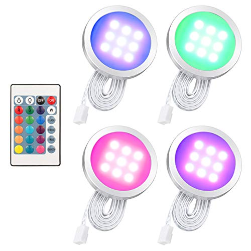 Lixada 4pcs Delgado Forma Redonda RGB LED Bajo Kit de Luz de Gabinete Color-Cambiante Ajustable con Control Remoto