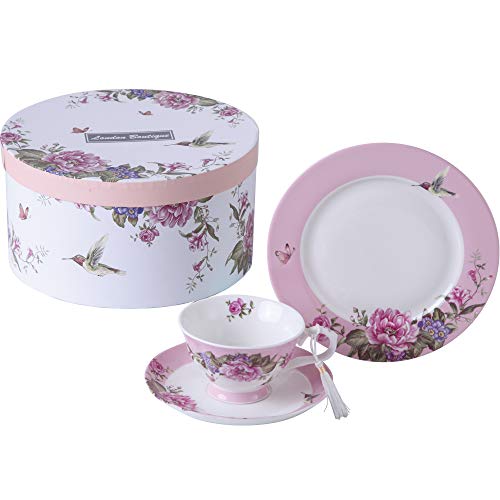 London Boutique Juego de 3 Tazas de té y platillo de 19 cm, diseño de pájaro, Mariposa, Caja de Regalo (Rosa)