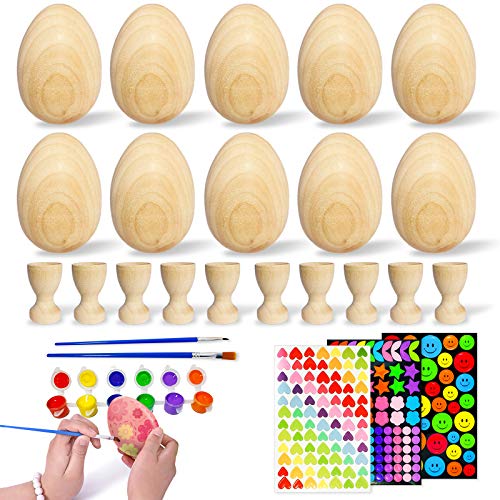 LSIOPO 10 Huevos de Madera, Huevos de Pascua Decorativos, 10 Hueveras de Madera, Set Pintura, Pinceles, Pegatinas, Huevos de Decoración, Manualidades Creativas para Niños, 60x 42mm, Ideal para Pascua