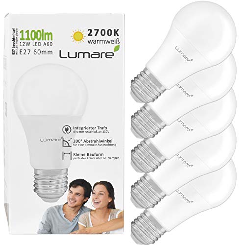 Lumare LED Bombilla 5 E27 12 W, equivale a bombilla de 75W 1100 lúmenes A60 Bombilla 2700 K blanco cálido Capacidad