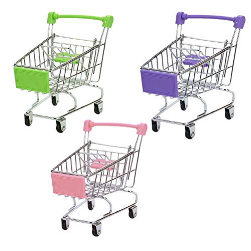 Lurrose 3pcs Mini Carrito de Compras Supermercado de Juguetes Carretilla de Mano con Ruedas Almacenamiento de Maquillaje para el Escritorio Niños Mujeres Decoración (Rosa + Púrpura + Verde)