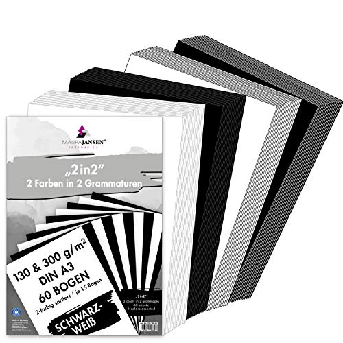 MarpaJansen Paquete de 2 en 2, 60 hojas, 2 colores, 2 gramos, DIN A3, 15 hojas de cartulina fotográfica negro y blanco de 300 g/m² y 15 hojas de papel de dibujo negro y blanco de 130 g/m².