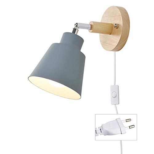 MBWLKJ - Lámpara de pared con cable para enchufe, color gris E27 de madera, con interruptor, moderna lámpara de lectura, lámpara de pared, foco interior con interruptor para salón o dormitorio