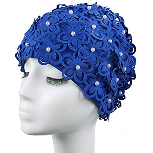 Medifier Gorro de natación para mujer, diseño de flores huecas, perlas cosidas a mano, color azul