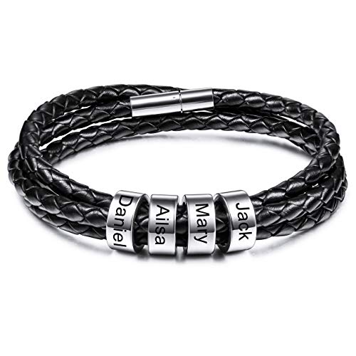 MeMeDIY Pulseras Personalizadas Grabado 2-6 Nombres Identificación Personalizada para Mujeres Hombres Cuero Genuino Cuentas de Acero Inoxidable Brazalete Trenzado Regalos de Dama de Honor (4 Cuentas)