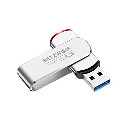 Memoria USB 128GB, BlitzWolf Memoria Flash USB 3.0 Pendrive Aluminio Portátil hasta 70 MB/s con Indicador LED(Plateado)