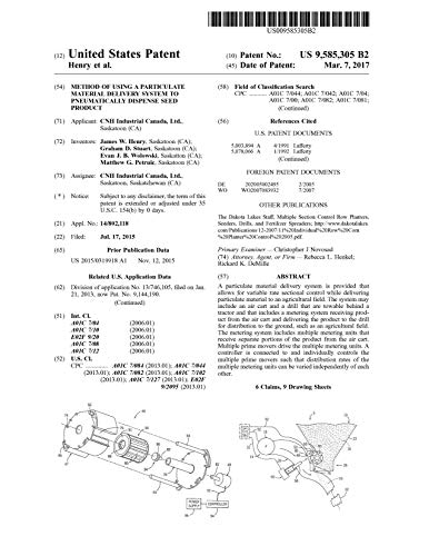 Method of using a particulate material delivery system to pneumatically dispense seed product: United States Patent 9585305 (English Edition)