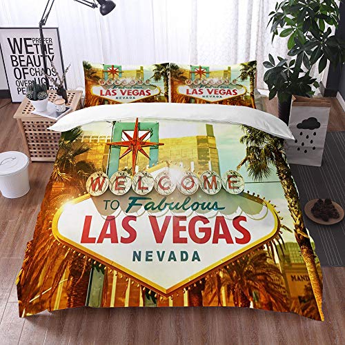 Mingdao Bedding Juego de Funda de Edredón -Las Vegas Sign Bienvenido a Fabulous Las Vegas, Nevada Sign/Microfibra Funda de Nórdico (Cama 240 x 260 cm + Almohada 50X80 cm)