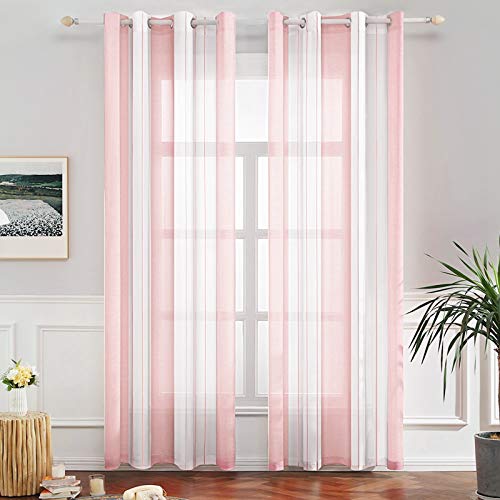 MIULEE 2 Piezas Cortina de Rayas Visillo Moderna Suave Translucida con 8 Ojales Plateados para Dormitorio Ventana Salón Comedor Sala de Estar Cocina Dormitorio 140x245cm Blanco+Rosado Ligero