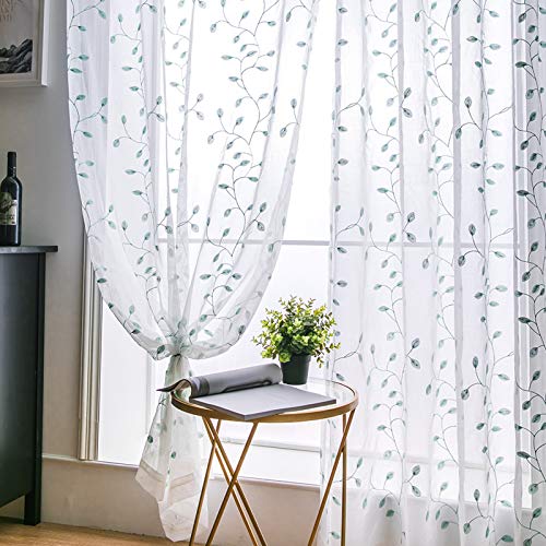 MIULEE 2 Unidades Cortinas Bordado Translucida de Dormitorio Moderno Ventana Visillos Rayas Salon Paneles con Ojales Plateados para Sala Cuarto Comedor Salon Cocina Habitación 140x260 Verde Claro