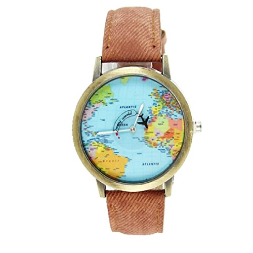 Moda Mujeres Hombres Vintage Tierra Mundo Mapa Reloj Denim Tela Muñeca Relojes marrón