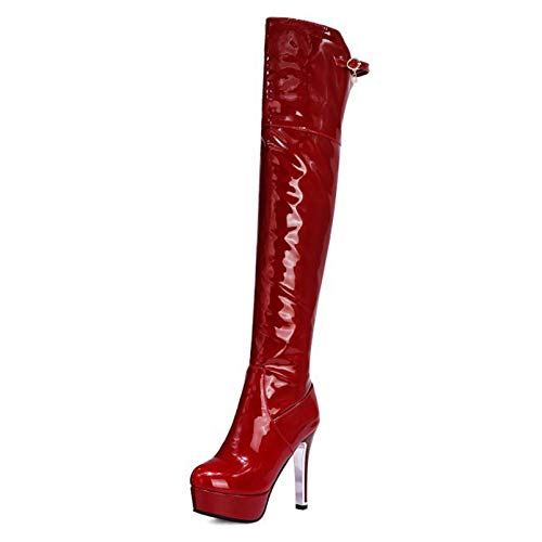 Mujer Botas sobre La Rodilla Tacón Alto De Invierno Punteado De Punta Gruesa Fondo De Tamaño Grande De Tamaño Grande para La Fiesta De Fiesta Diaria,Rojo,46