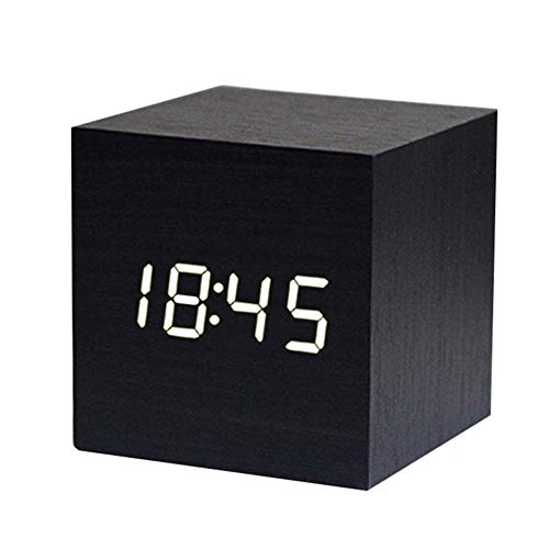 Najiny Mini Cubo Despertadores Digitales Madera Reloj Control de Sonido Luz LED,Muestra La Hora y Temperatura Adecuada para Viajes, Dormitorio de los niños, Hogar, Oficina-Negro