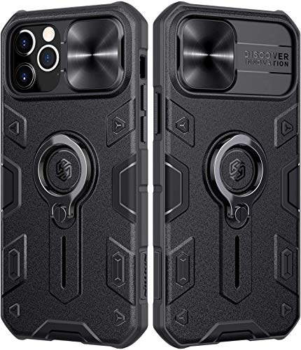 NILLKIN Funda Compatible con iPhone 12/12 Pro, Funda con Funda Deslizante para Cámara, PC y Funda Protectora TPU Resistente a Golpes con Soporte para Anillo Compatible con iPhone 12/12 Pro 6.1"-Negro