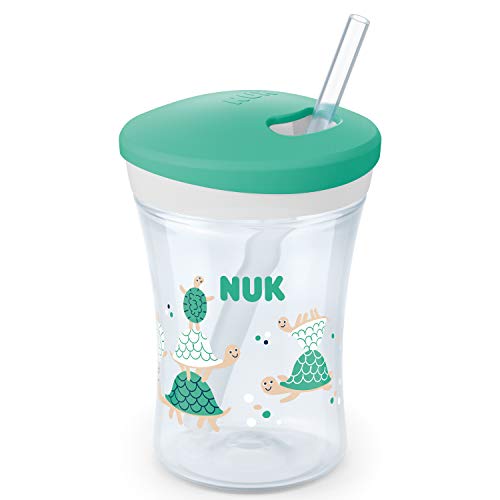 NUK Action Cup taza para niños | +12 meses | Pajita blanda de accionamiento por giro | A prueba de fugas | Sin BPA | 230 ml | Tortuga (transparente) | 1 unidad