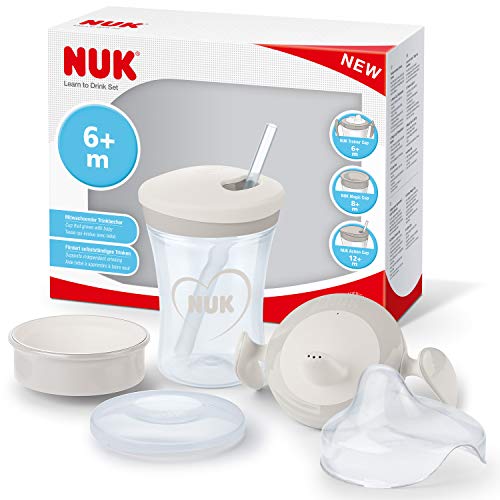 NUK Learn to Drink Set con biberón Trainer Cup (6M+) | vaso antiderrame bebé Magic Cup 360° (8M+) y taza para niños Action Cup (12M+) | 230 ml | sin BPA | Gris y blanco