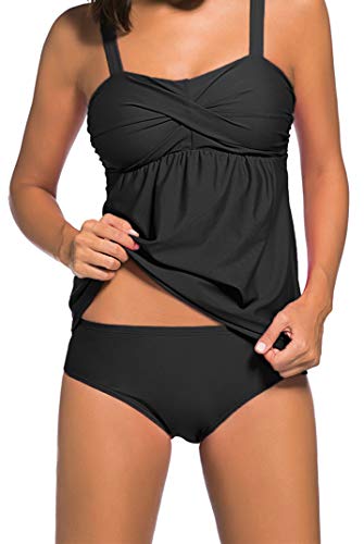 Ocean Plus Mujer Elegante Monocromo Color Sólido Tankini Traje de Baño Acolchada Dos Piezas Sin Aros Bañador con Tirantes Ajustables (L (EU 38-40), Negro)