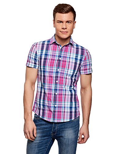 oodji Ultra Hombre Camisa a Cuadros con Bolsillo en el Pecho, Multicolor, 58-60