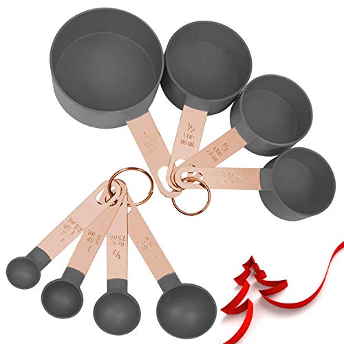 Orapink - Juego de 8 tazas medidoras y cuchara de acero inoxidable con mango de oro rosa para cocina, medidas de anidamiento para cocinar herramientas apilables (gris)