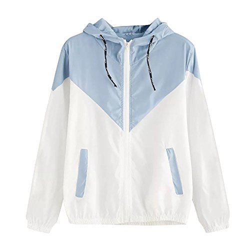 Overdose Nuevo Modelo De Moda Mujeres Manga Larga Patchwork Piel Fina Trajes con Capucha Cremallera Casual Sport Coat Sudadera con Capucha Superior (M, O-Azul Cielo)