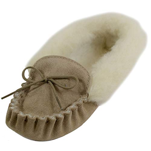 Pantuflas para mujer de ante beige y camello con forro de lana, puño de lana y suela de ante, fabricadas en Reino Unido, tallas 3 a 9, color Beige, talla 40 EU