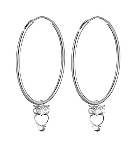 PAPOLY® Pendientes de ARO hechos de PLATA DE LEY 925 con detalle de Buho en Diámetros 35,40mm, En dos medidas con Caja de regalo. (AB-35mm)