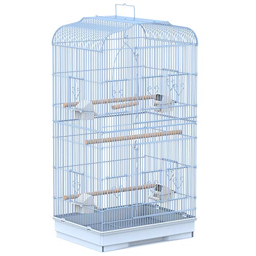 Pawhut Jaula para Pájaros Pajarera con 2 Puertas 4 Comederos y 3 Perchas Columpio Asa de Transporte para Loro Canario Periquito Marco Metálico 47,5x36x91 cm Blanco