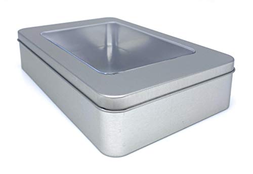 Perfekto24 Lata de almacenamiento en plata – Caja de metal rectangular de 20,8 x 13,1 x 4,5 cm – Lata de lata con tapa – Tarro de almacenamiento con ventana de uso universal