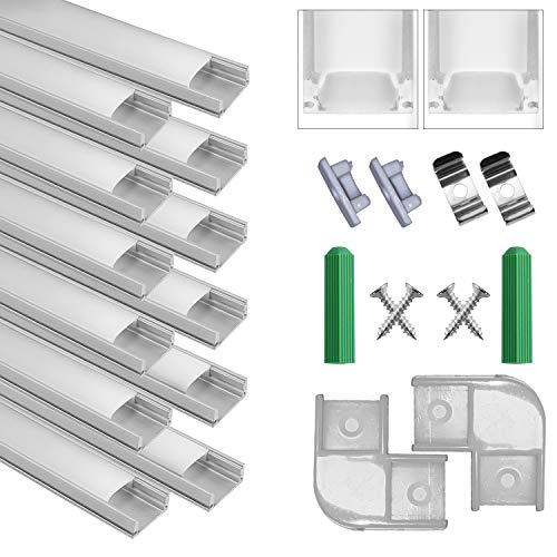 Perfil de Aluminio, 12 Pack 1M/3,3ft U Forma, Cubierta de difusor blanco lechoso, Los Casquillos de Extremo y los Clips de Montaje del Metal, Canal de Aluminio para tiras LED, 12M, Plata