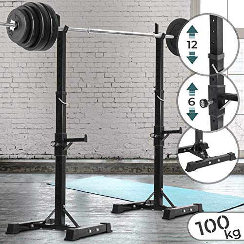 Physionics Soporte para Barra de Pesas & Squat Rack - 6 y 12 Niveles Regulables, Bases Antideslizantes, de Acero (Carga máx. 100kg) - Estante para Barbell