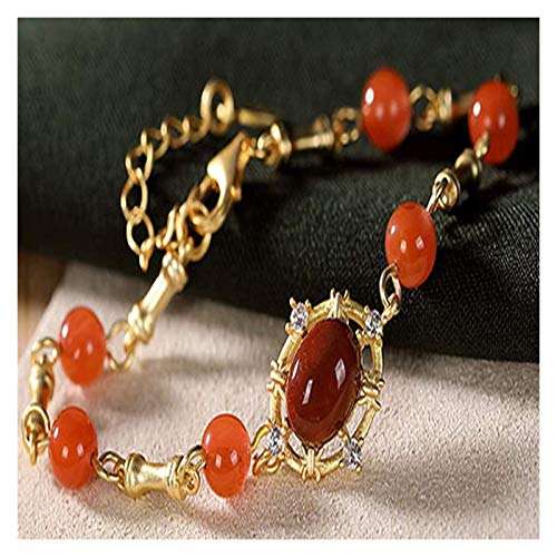 Plztou S925 Sterling Silver Plated Feng Shui Pulsera Gold Natural Southern Agate Retro Bambú Joyería de Moda Buena Suerte Fortune Peach Blossom Regalo para Las Mujeres se Puede Recoger