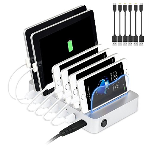 PRITEK Estación de carga y organizador para teléfono móvil, tableta, auriculares, MP3, MP4, 6 puertos múltiples USB estación de carga y teléfono con indicador de estado de carga + 6 cables USB (plata)