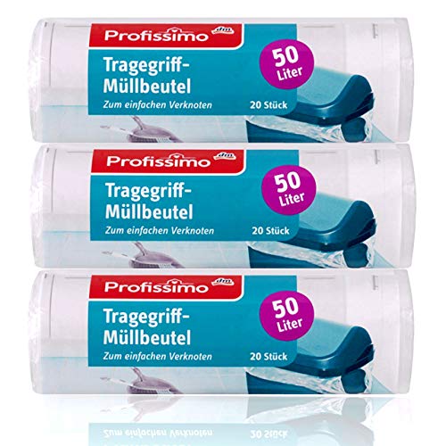 Profissimo - Bolsas de basura con asa, 50 L, 60 unidades, resistentes a la rotura y a los líquidos, 3 paquetes de 20 unidades