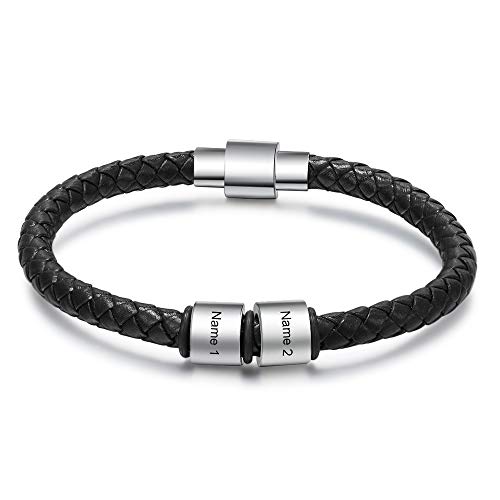 Pulsera Personalizado para Hombre Cuero Pulsera Acero Inoxidable con 2-4 Nombre Grabado Regalo para día de San Valentín dia del Padre Cumpleaños (2 names)