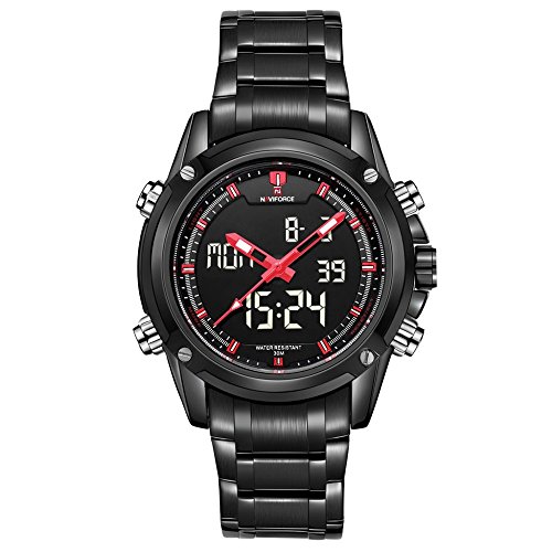 Qingmei NAVIFORCE - Reloj de pulsera para hombre, de acero completo, digital, multifunción, impermeable, 9050, color negro y rojo