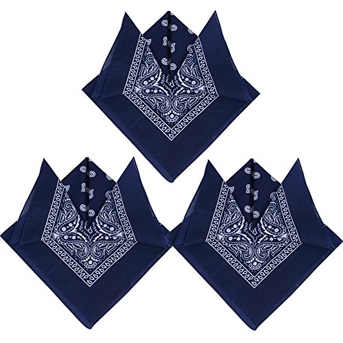 QUMAO Pack de 3 Pañuelos Bandanas de Modelo de Paisley para Cuello/Cabeza Multicolor Múltiple 100% Algodón para Mujer y Hombre (Pack de 3; Azul oscuro)