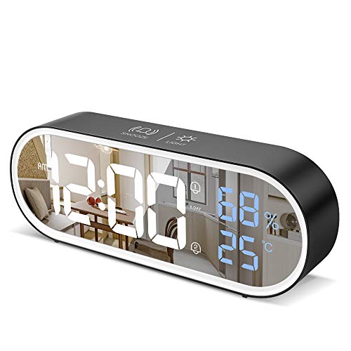 Reloj Despertador Digital con Pantalla LED de Temperatura/Humedad, Reloj Despertador Digital Despertador Dual con 13 Música,4 Niveles de Brillo,12/24 Horas,Función Snooze,Puerto de Carga USB (Negro)
