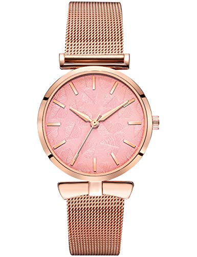 Reloj Mujer Oro Rosa Fino Acero Inoxidable Reloj Infantil Niña Impermeable Elegante Relojes de Pulsera Deportivos Malla Analogicos Reloj para Niños Esfera Rosado Fecha