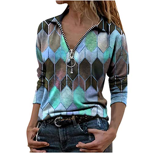 riou Blusas y Camisa Mujer Moda Solapa Estampado Geométrico Cremallera Manga Larga Blusa Casual Tops Suéter Suelta Tallas Grandes Otoño Invierno